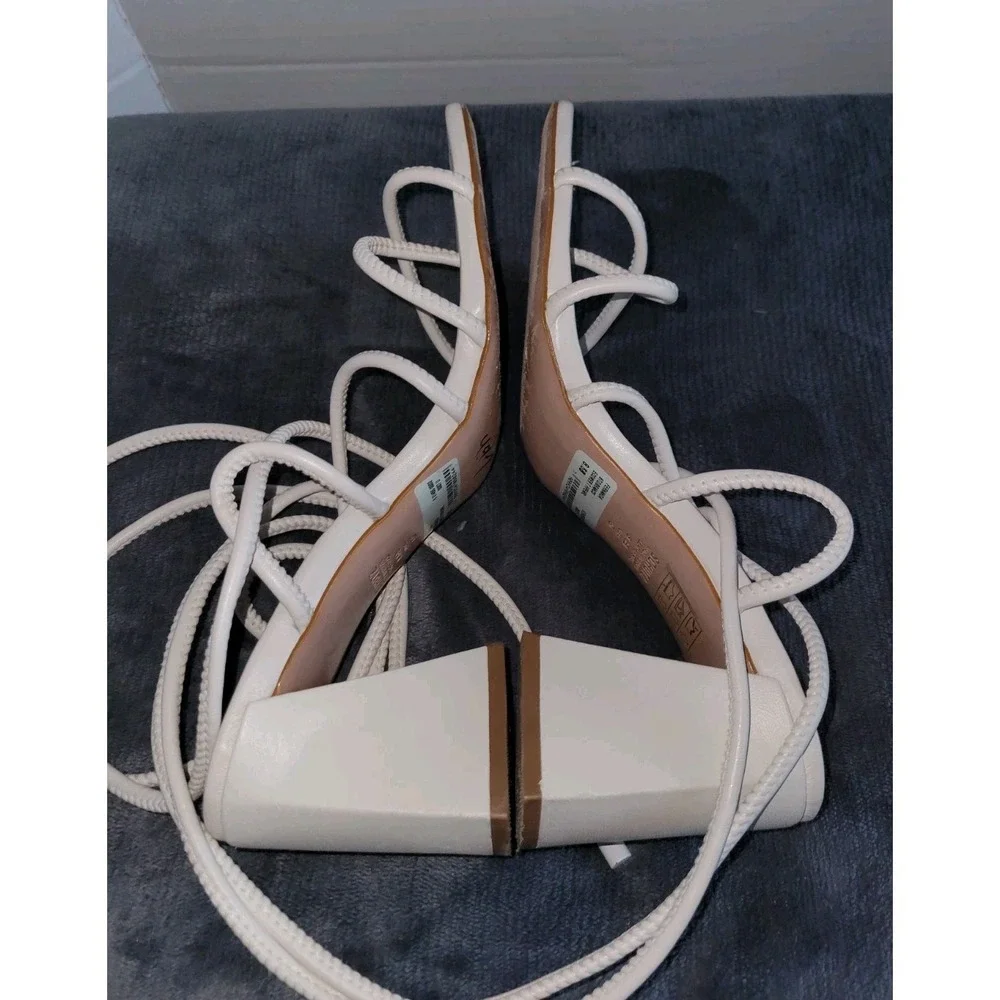 Schutz Womens Fernanda Ivory Strappy Heeled Sandals Sz 8.5 B Square Toe Lace Up‎